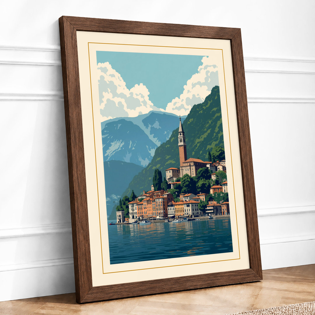 Alpine Lakeside Village Vintage - Framed Print