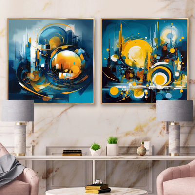 Ensemble de 2 collages carrés en marbre bleu et jaune