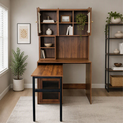 Computer Desk with Glass Door Hutch & Bookshelf, 90° Rotating Desktop, Large Workspace