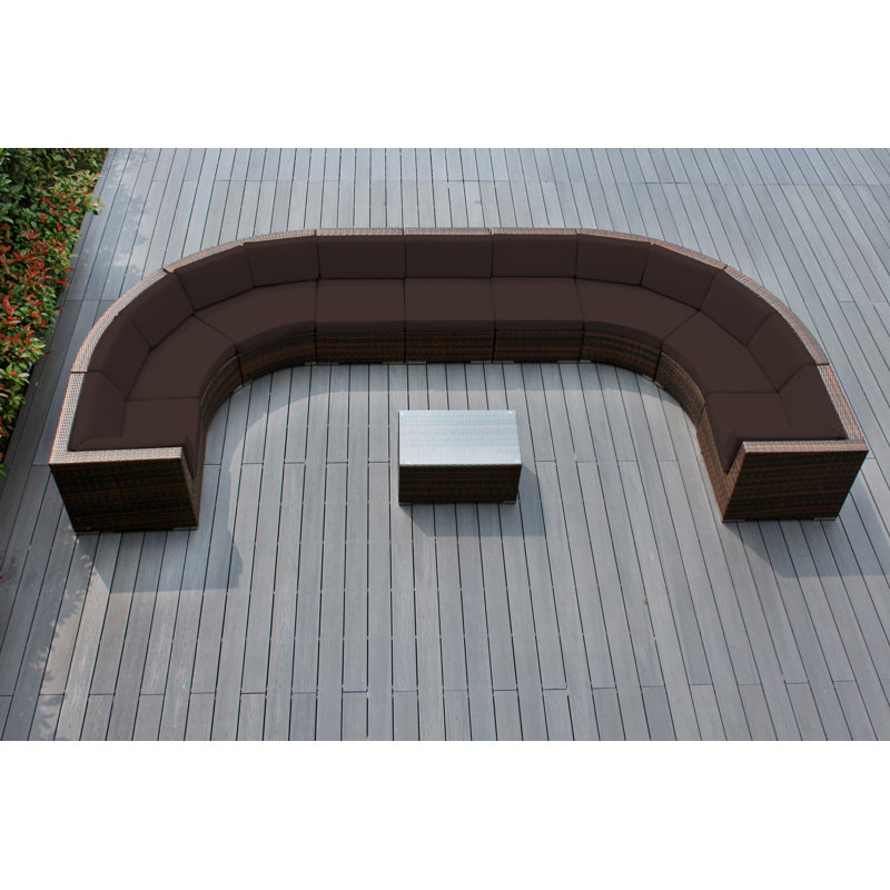 Pavior Wicker 9 - Person Curved Seating Group with Cushions - No Assembly, Polyester Beige, Mixed Brown