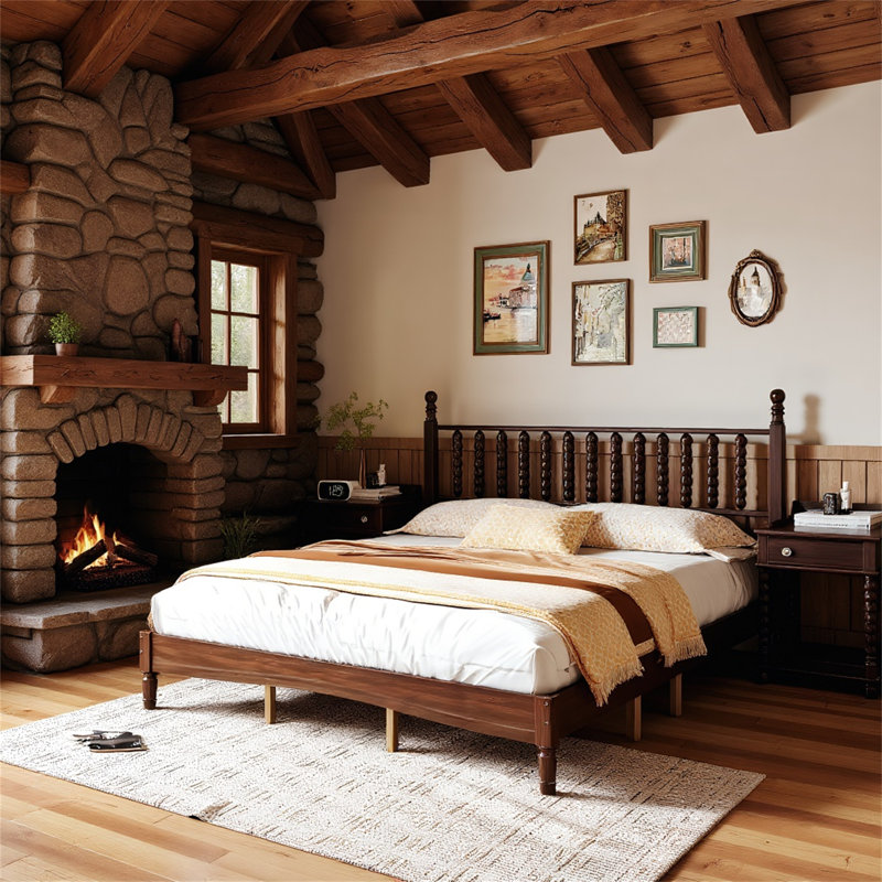 King Size Wood Platform Bed With Gourd Shaped Headboard, Retro Style And Sturdy Wooden Slat Support For Comfortable Sleep