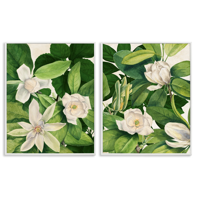 Lys blancs traditionnels avec feuilles, ensemble de 2 giclées encadrées, design par Susan Arnot, H 14 po x l 22 po
