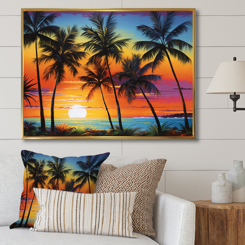 «Colorful Bold Palm Trees Landscape IV - Palmiers et palmiers», art encadré, H 12 po x l 20 po x P 1 po, Cadre flottant doré