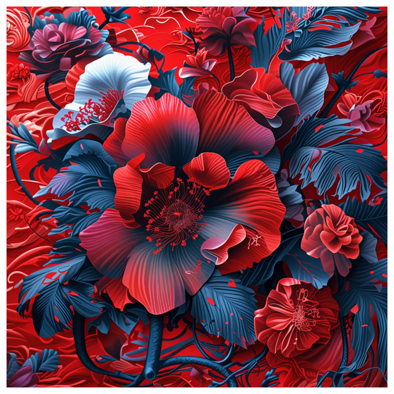 Rideaux de douche à composition florale rouge et bleu très longs, L 70 po x H 72 po