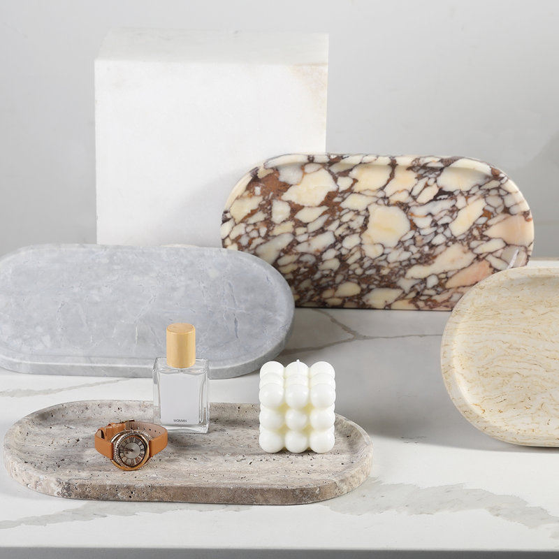 Plateau en marbre naturel ovale Guein, Travertin argent