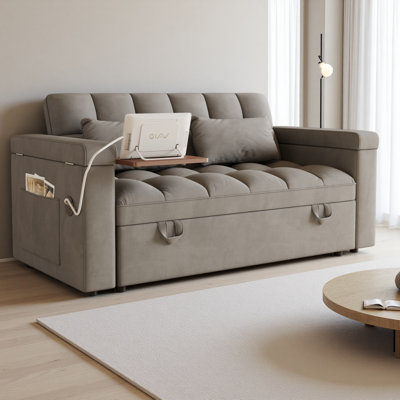 Canapé-lit pliable 65 po 3-en-1 de grande taille avec plateau de table et accoudoirs avec fonction de rangement. Canapé double moderne en velours