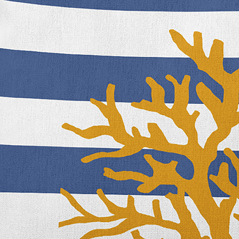 Coussin intérieur / extérieur Leafy Branch, H 18 po x l 18 po, Bleu / blanc / jaune rayé