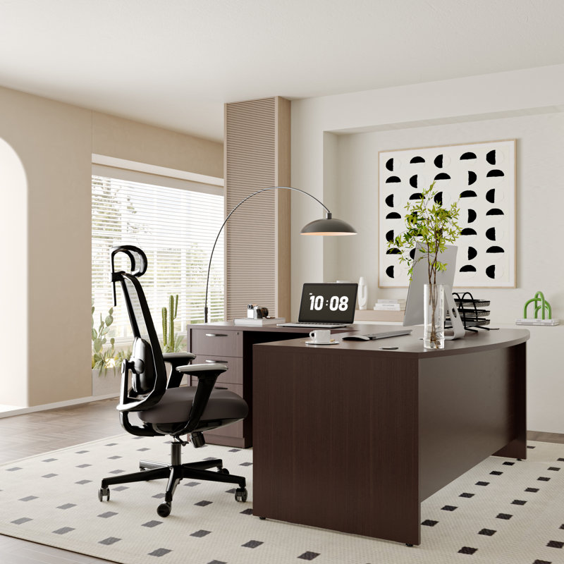 Bow Front L-Shaped Executive Desk With File Cabinet, Brown
