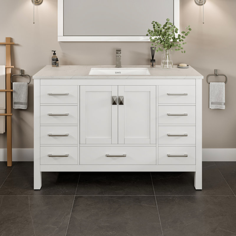 Eviva London 54"W x 18"D Bathroom Vanity with Undermount Porcelain Sink, Quartz - White Carrara, White