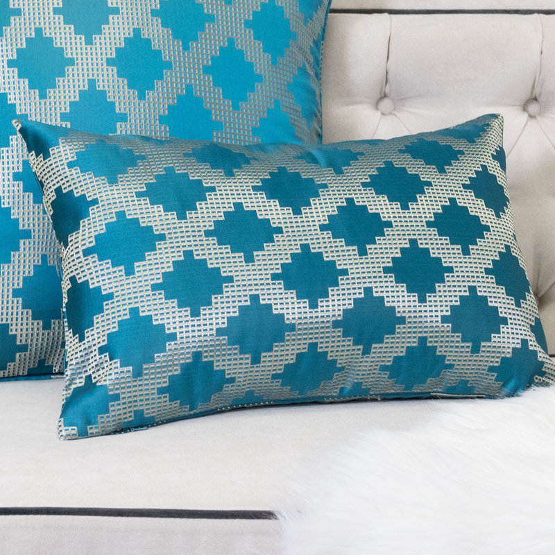Geometric Satin Throw Pillow, Teal Blue/Gray