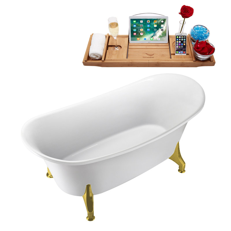 Baignoire de trempage sur pieds 59 "avec drain, pattes et plateau en bambou 59" Streamline, Or brossé, Or brossé