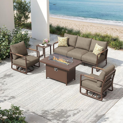 Outdoor Aluminum Patio Furniture Set, 5-Seats Patio Conversation Sofa Set with 2 Swivel Rocking Chairs and Oversized Fire Pit Table