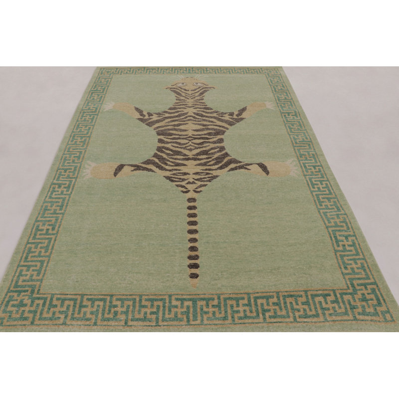 Rug & Kilim’S Distressed Tiger Rug In Green With Beige And Brown Pictorial