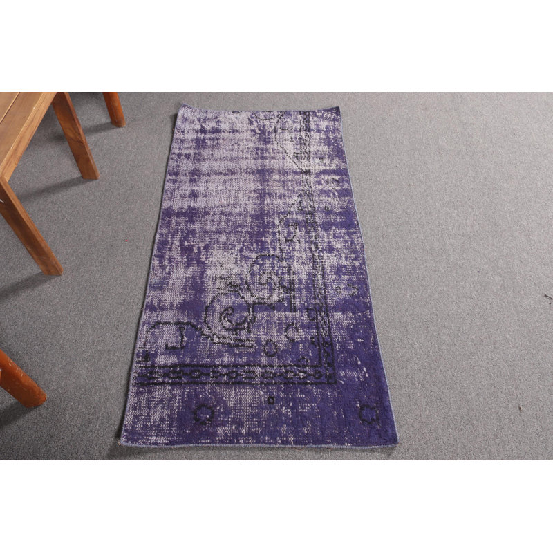 Hand-Knotted Vintage Turkish Oushak Rug in Overdyed Blue for Bathroom or Door Mat Use