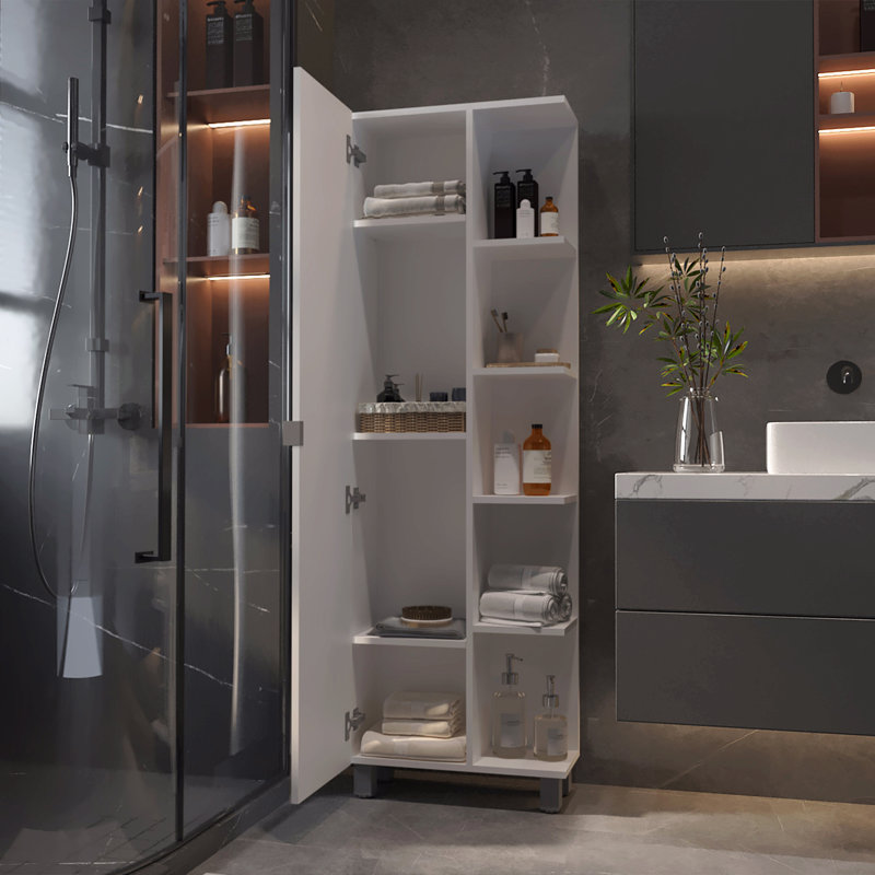 Armoire à linge à 5 tablettes avec miroir, Blanc