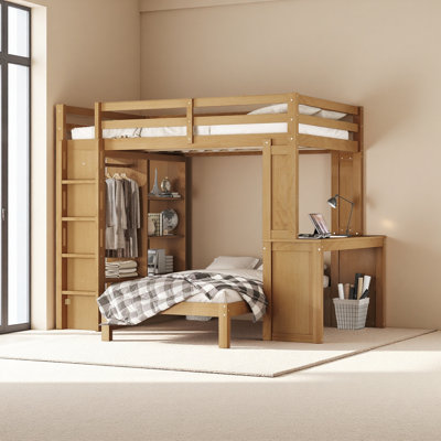 Bunk Bed With Dismountable Lower Bed And Desk, Solid Wood Bunk Beds Frame With Built-In Shelves And Wardrobe, Can Be Converted Into Loft Bed by Latitude Run