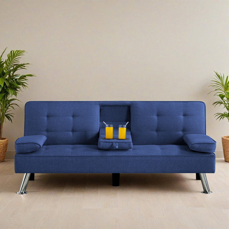 65.32" Wide Convertible Upholstered Reclining Sleeper Sofa Bed, Blue