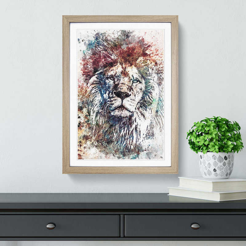 Lion Abstract Art - Picture Frame Graphic Art Print on MDF, Oak, 91cm H x 60cm W x 2cm D