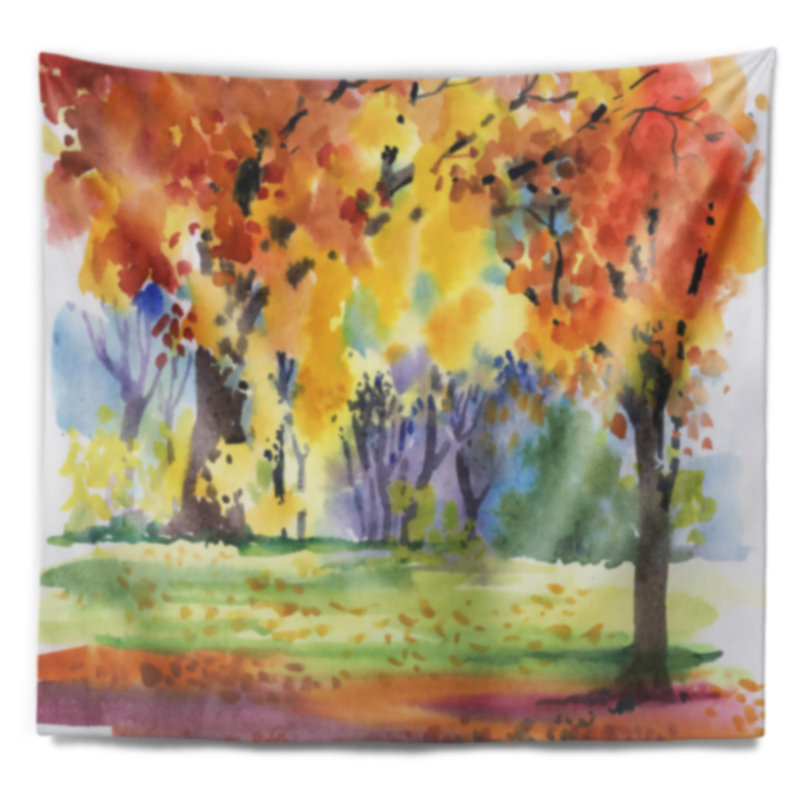 Tapisserie aquarelle paysage d'automne dans un parc avec arbres jaunes, H 50 po x l 60 po