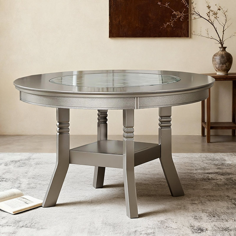 Table de salle à manger ronde moderne 48 "avec insert en verre et tablette de rangement