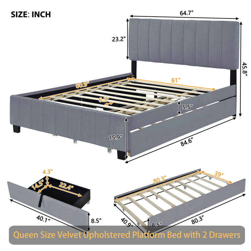 Grand lit standard capitonné avec rangement Lueker, gris