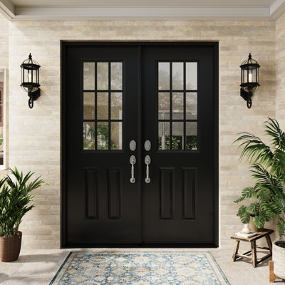 Entry Front Exterior Steel Door 60" x 80"(2 * 30" x 80") Painted Black 9-Lite Clear Glass French Door With Jamb,Classic Design & Modern Style & Long-Lasting Use, Left-Hand Inswing (Not Included Hardware Kit)