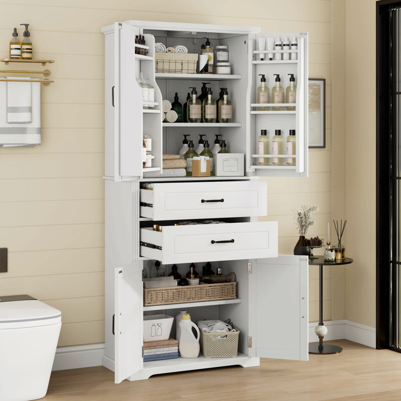 Storage Cabinet With Multi-Functional Storage Space, Doors With Storage Shelves, 2 Drawers, Adjustable Shelf, White
