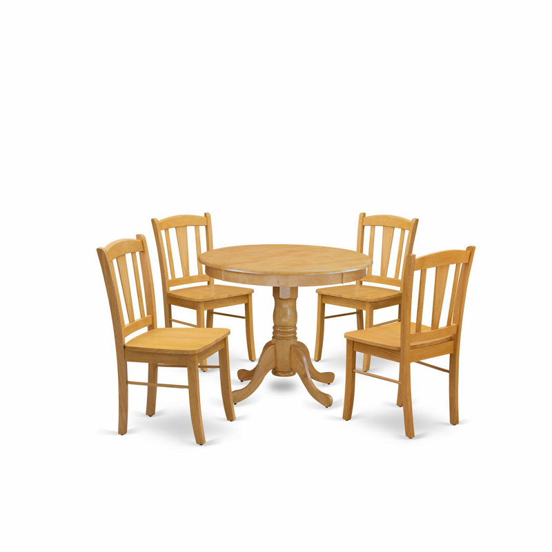 Ensemble de salle à manger 5 pièces comprenant une table de cuisine ronde avec piédestal et 4 chaises de salle à manger, chêne