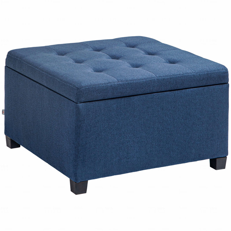 Fabric Upholstered Tufted Storage Ottoman, Flip Top Seat Lid With Metal Hinge And Eucalyptus Wood Frame, Blue