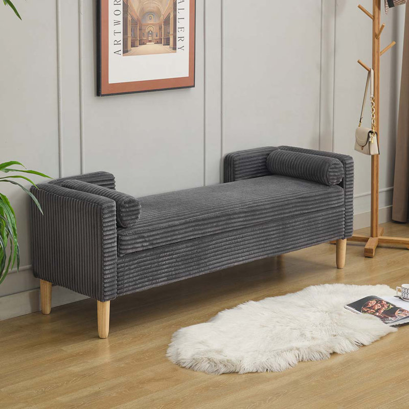 Upholstered Flip Top Storage Bench With Bolster Pillows, Charcoal