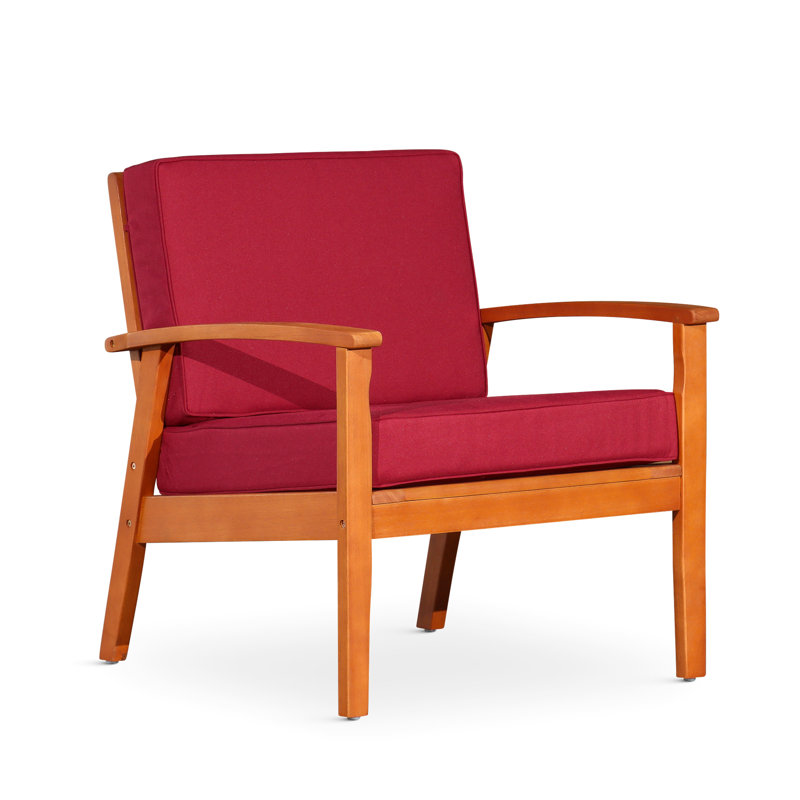 Fauteuil en eucalyptus profond avec vernis à l'huile naturelle et coussins bourgogne attrayants, Rouge, Naturel