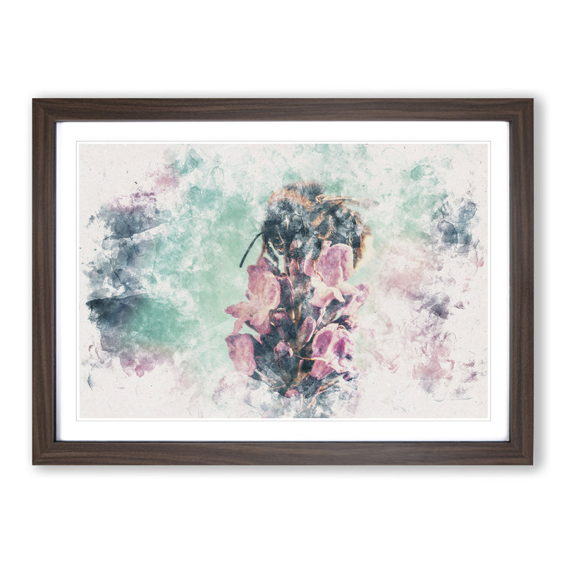 Bee on a Purple Flower Watercolour - Picture Frame Graphic Art Print, 40cm H x 60cm W x 2cm D, Walnut Framed