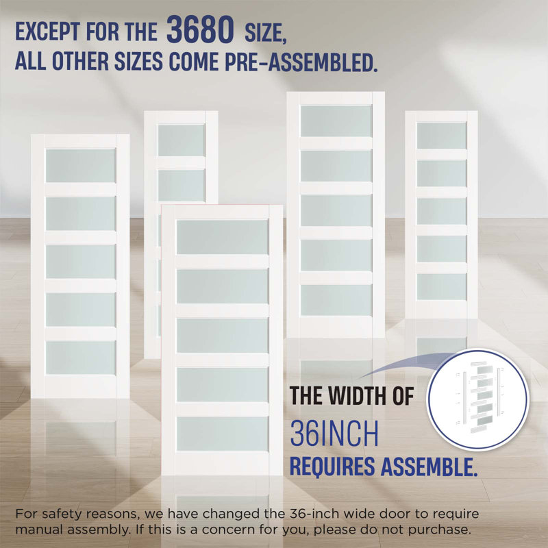 32" x 80" White Primed MDF 5-Lite Frosted Glass Interior Door Slab