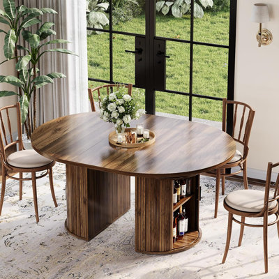 Extendable Round Dining Table 47-63", Farmhouse Oval Kitchen Table with Storage Shelf & Drawer, Walnut