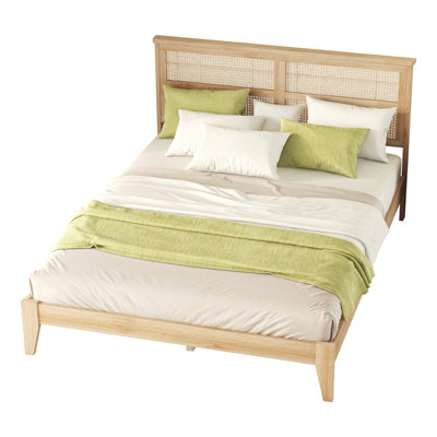 Queen Size Rubber Wooden, Solid Wooden Bed with Rattan Headboard, Enhanced by Support Feet,Natural