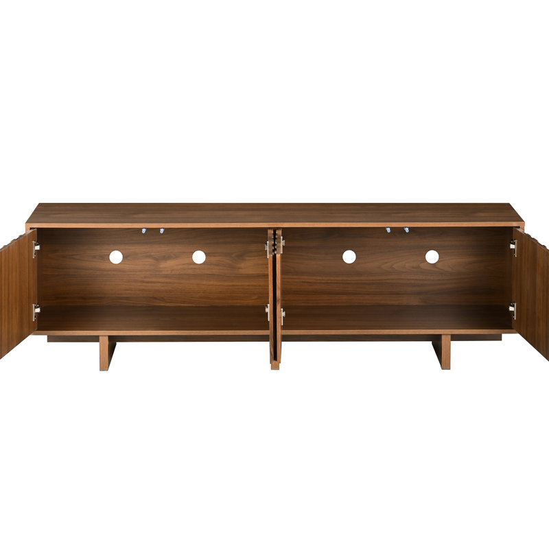 Meuble télé de style rétro en noyer, capacité de 75 pouces, deux armoires pour livres et appareils électroniques, trous pour le passage des câbles, base piédestal géométrique, compartiments de rangement spacieux, base, ouverture à pousser