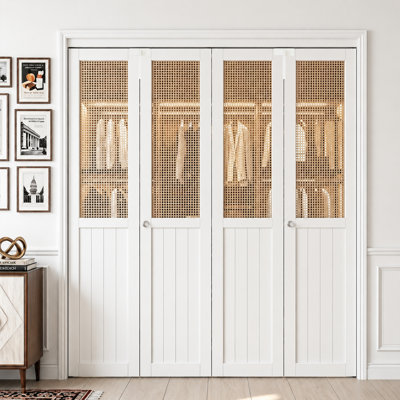 Porte pliante en rotin pliable - Porte pliante en panneau de fibres à densité moyenne à peindre blanc avec poignée en T tissé à panneau en T et poignée pour garde-manger, buanderie et chambre à coucher