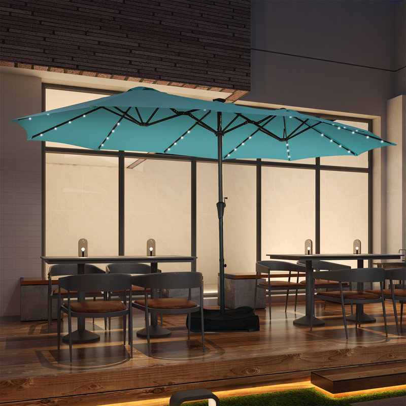 Parasol de patio 15 pi avec base et lumières solaires, Bleu