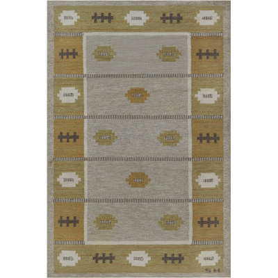 Vintage 4'2" x 6'6" Vintage Swedish Beige/Brown/Gold Rug Signed by Svensk Hemslöjd "SH"