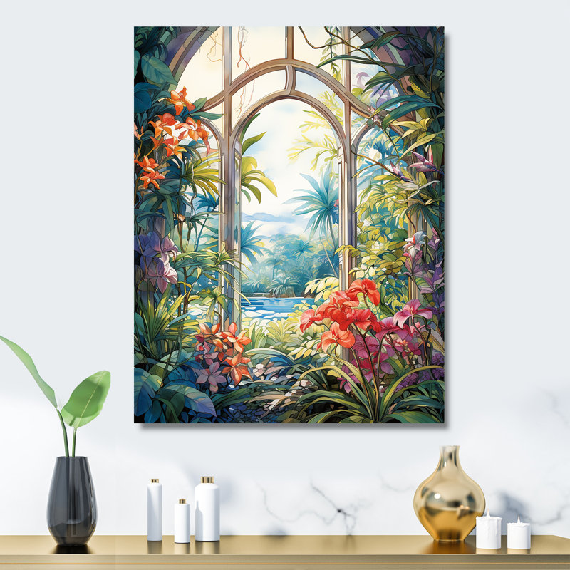 «Tropical Windows View Blooms 1», art mural floral abstrait en métal, H 40 po x l 30 po x P 1,5 po