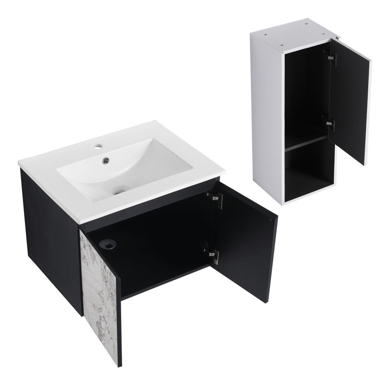  meuble-lavabo mural moderne de qualité minimaliste avec lavabo en céramique et armoires latérales, 24"