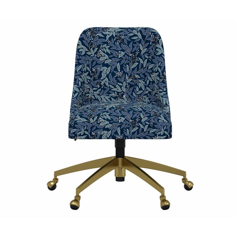 Chaise de bureau Brynn, Lin bleu marine RPC Willowberry, Doré