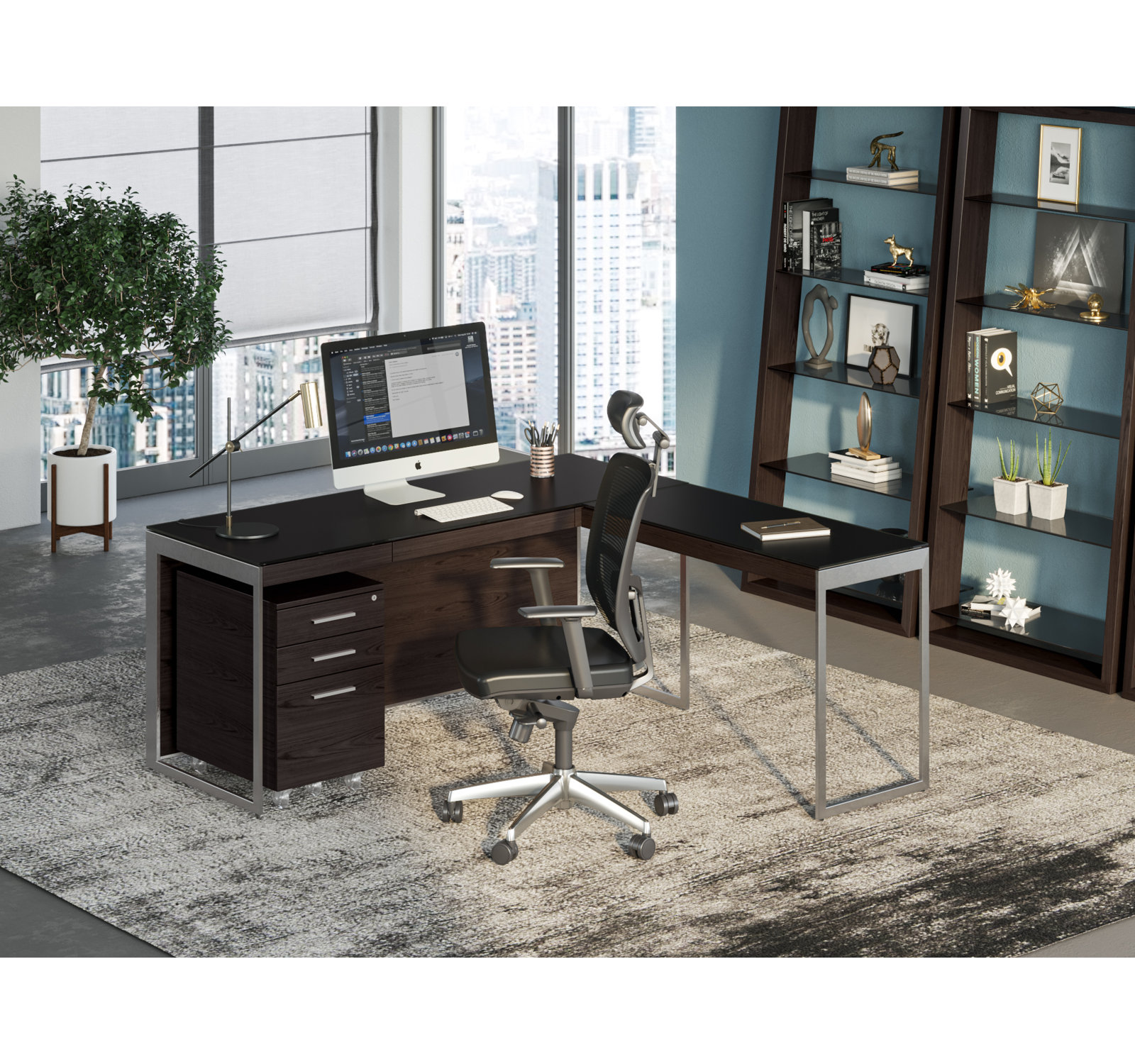 Sequel 66" Writing Desk, Charcoal Stained Ash/Satin Nickel