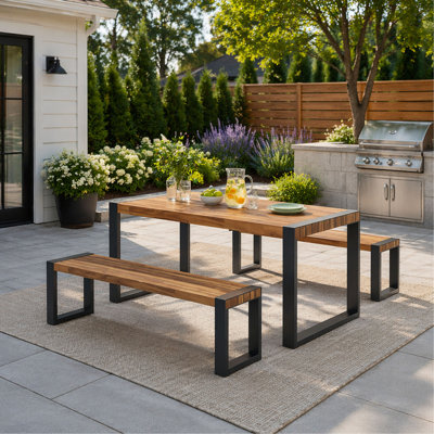 Table de salle à manger d'extérieur 3 pièces avec 2 bancs, ensemble de patio avec texture de table unique, utilisation toutes saisons pour l'intérieur et l'extérieur