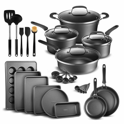 23-Piece Pots and Pans Set, Nonstick Cookware & Bakeware with Plaid Pattern, Stackable, Dishwasher & Oven Safe, Black