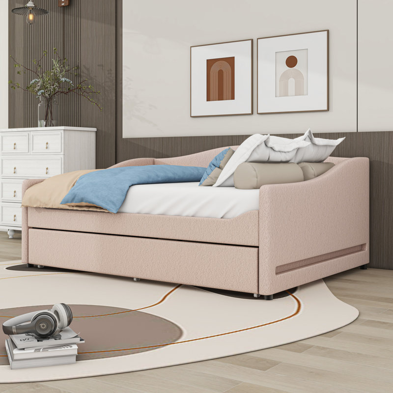 Upholstered Daybed with Twin Trundle and Light, Beige, Full/Double