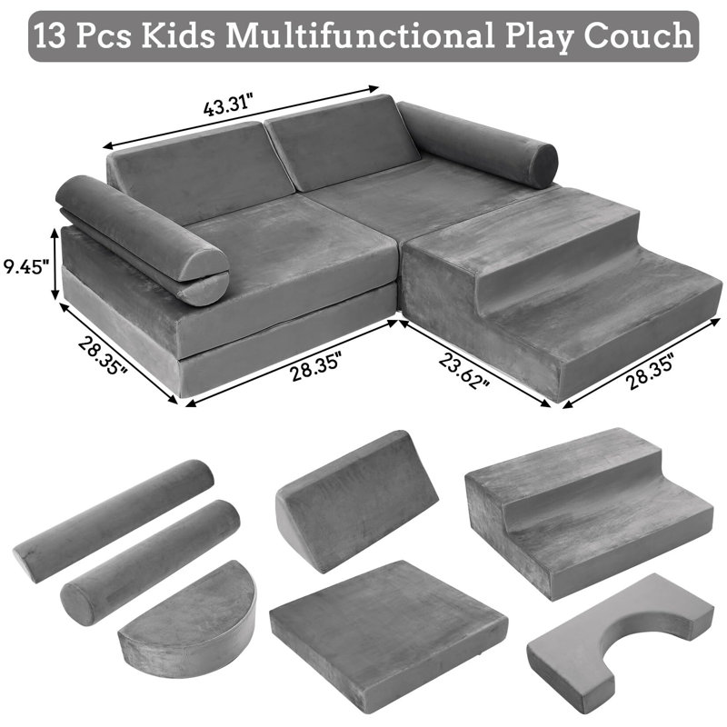 Modular Kids Couch 13PCS Nugget Couch, Grey Faux Leather