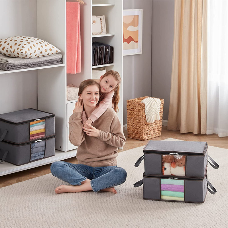 Clothes Storage Bag, Foldable Storage Bins Closet Organizer With Reinforced Handle Sturdy Fab, Grey