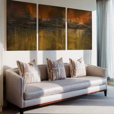 3 Pieces Exculisive Copper Gold and Charcoal Abstract Large Wall Art Distressed Encaustic Panorama, Canvas Decor for Living Room, Bedroom and Office