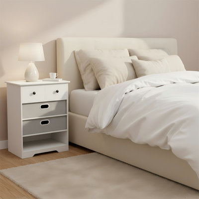 Commode 4 tiroirs, table de chevet multifonctionnelle autoportante avec tablettes ouvertes, rangement de coffre moderne avec ensembles anti-basculement